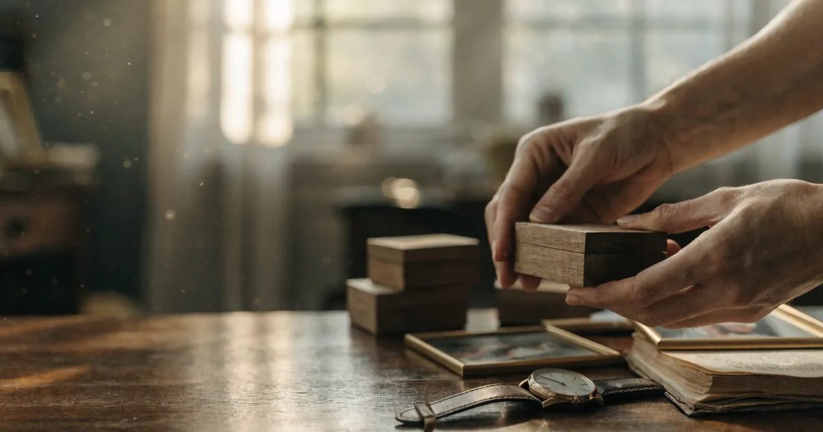 Des mains ouvrent de petites boîtes en bois remplies de souvenirs sur une table, à côté d'une vieille montre, d'un livre ouvert et de photos encadrées, dans une pièce baignée d'une lumière chaude.