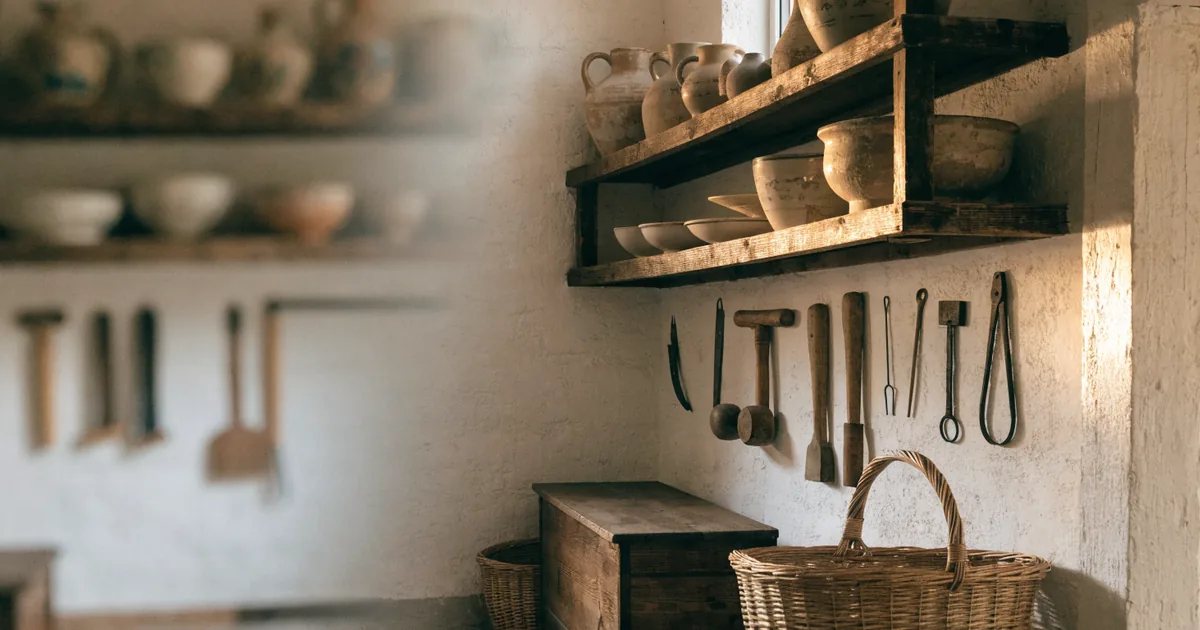 Corner of a village-house garage with shelves full of old ceramics, wicker baskets, worn tools hanging on the wall and inherited objects, in the warm light of a summer afternoon.