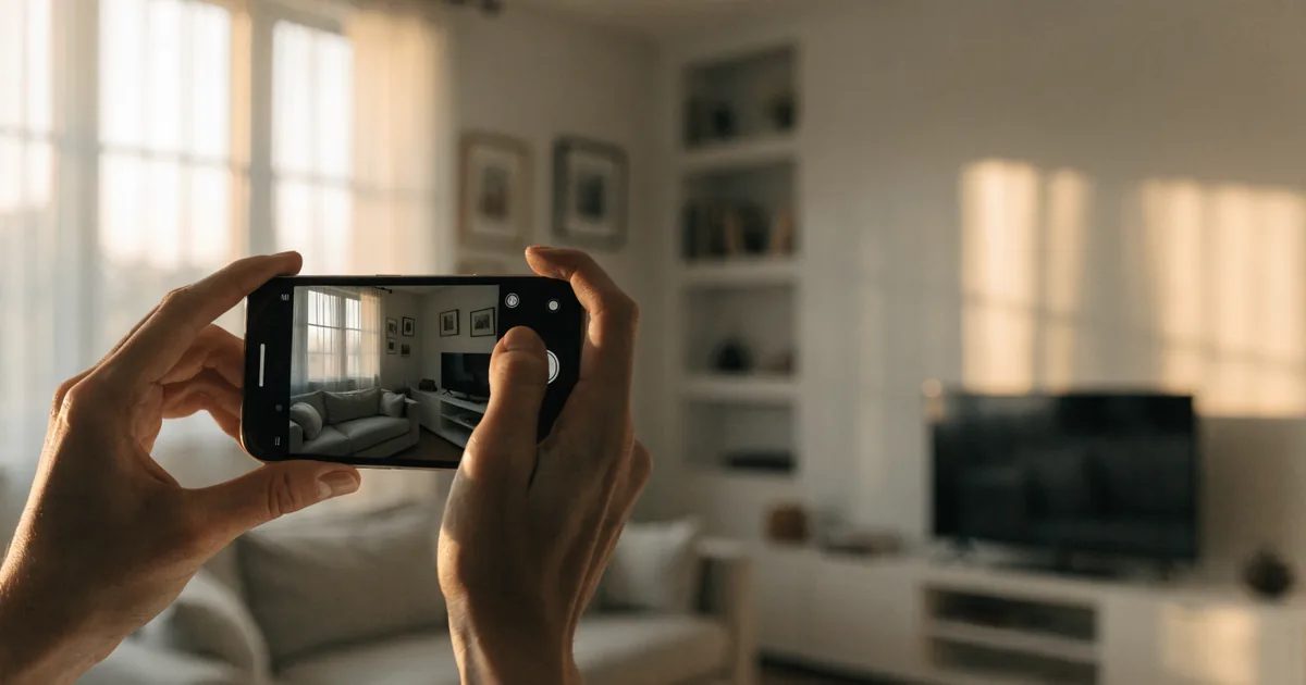 Des mains tiennent un téléphone qui photographie le salon d'une maison — canapé, étagères et téléviseur — pour documenter le contenu du logement en vue de l'assurance.