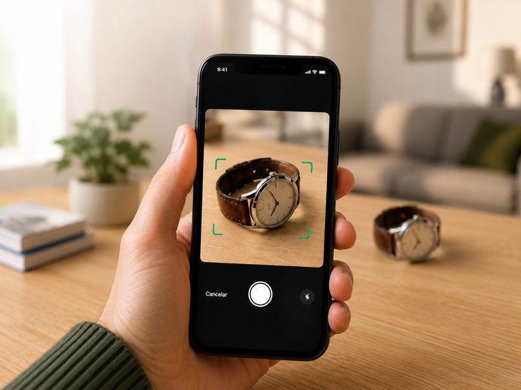 Uma pessoa segura um smartphone e fotografa um relógio de pulso com bracelete de couro sobre uma mesa de madeira para o adicionar ao seu inventário no SmartInventory AI.
