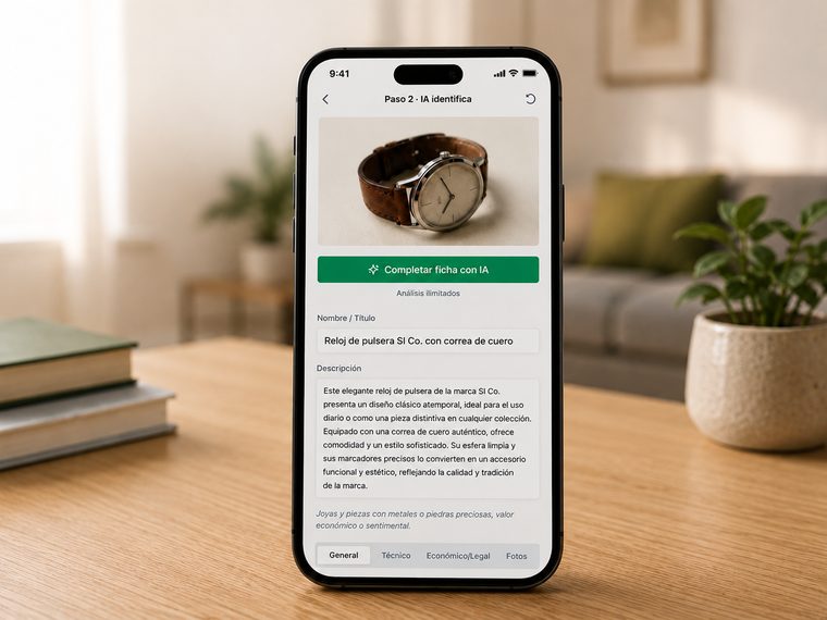 Ecrã de telemóvel a mostrar a ficha de um relógio que a inteligência artificial do SmartInventory AI preencheu automaticamente com nome, descrição e categoria após analisar a fotografia.