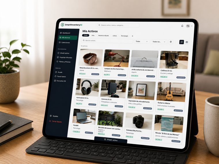 Tablet a mostrar o painel «Os meus ativos» do SmartInventory AI com um inventário de objetos organizado por categorias, cada um com a sua ficha e o seu valor.